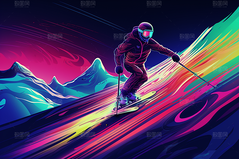 滑雪手绘体育插画