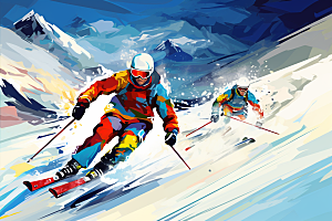 滑雪冬季涂鸦风格插画