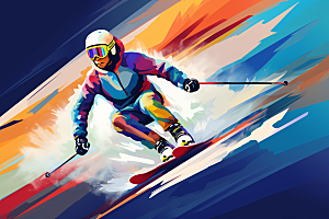 滑雪运动彩色插画
