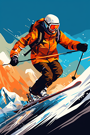 滑雪彩色涂鸦风格插画