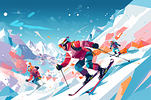 滑雪彩色冬季插画