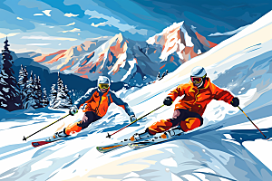 滑雪体育手绘插画