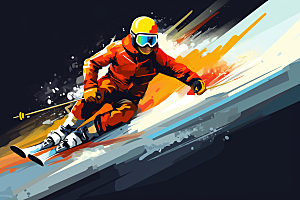 滑雪彩色涂鸦风格插画