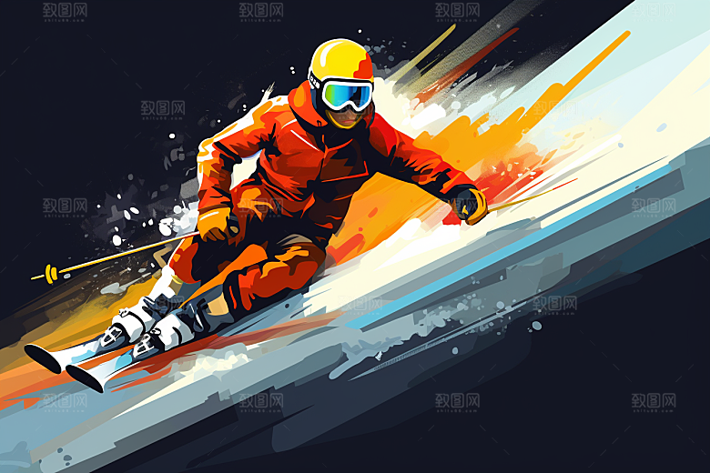 滑雪彩色涂鸦风格插画