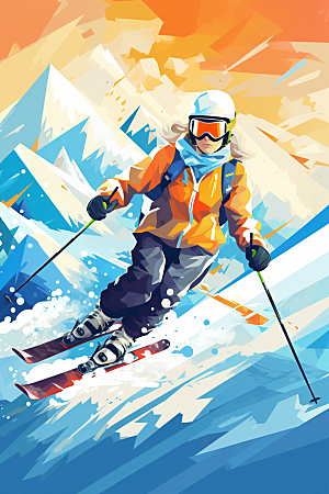 滑雪手绘健身插画