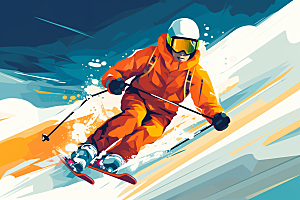 滑雪冬季彩色插画