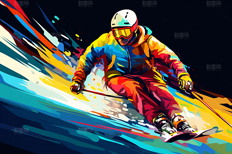 滑雪彩色运动员插画