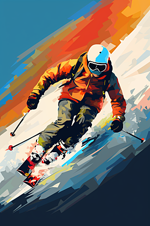 滑雪冰雪运动涂鸦风格插画
