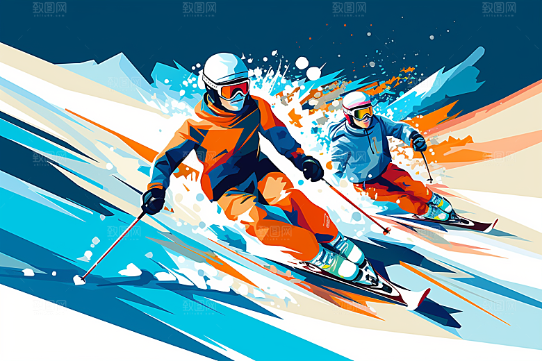 滑雪手绘体育插画