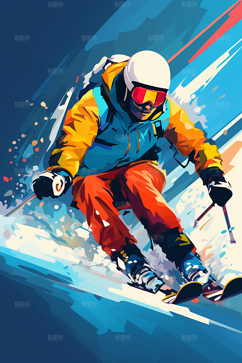 滑雪健身彩色插画