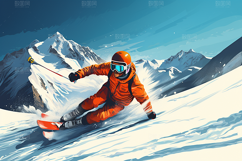 滑雪手绘竞技插画