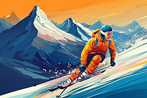 滑雪手绘彩色插画