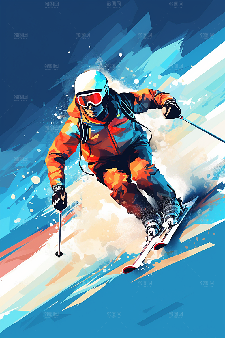 滑雪健身彩色插画
