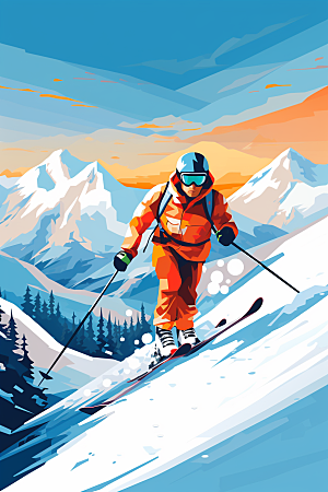 滑雪冬季彩色插画