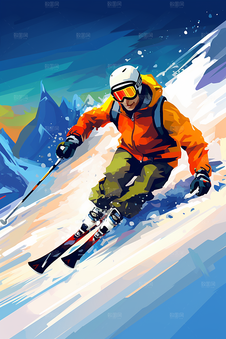 滑雪涂鸦风格健身插画