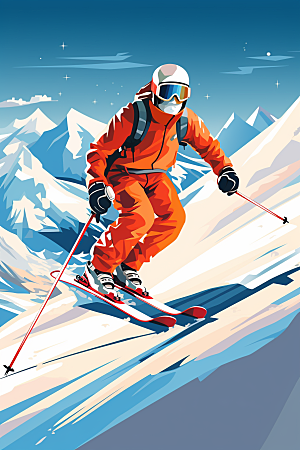 滑雪彩色运动员插画