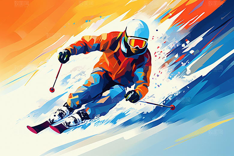 滑雪冬季彩色插画