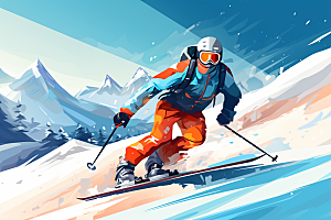 滑雪健身彩色插画