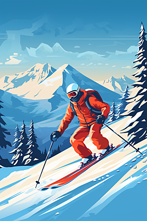 滑雪彩色冬季插画