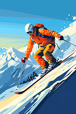 滑雪彩色冰雪运动插画