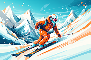滑雪彩色运动员插画