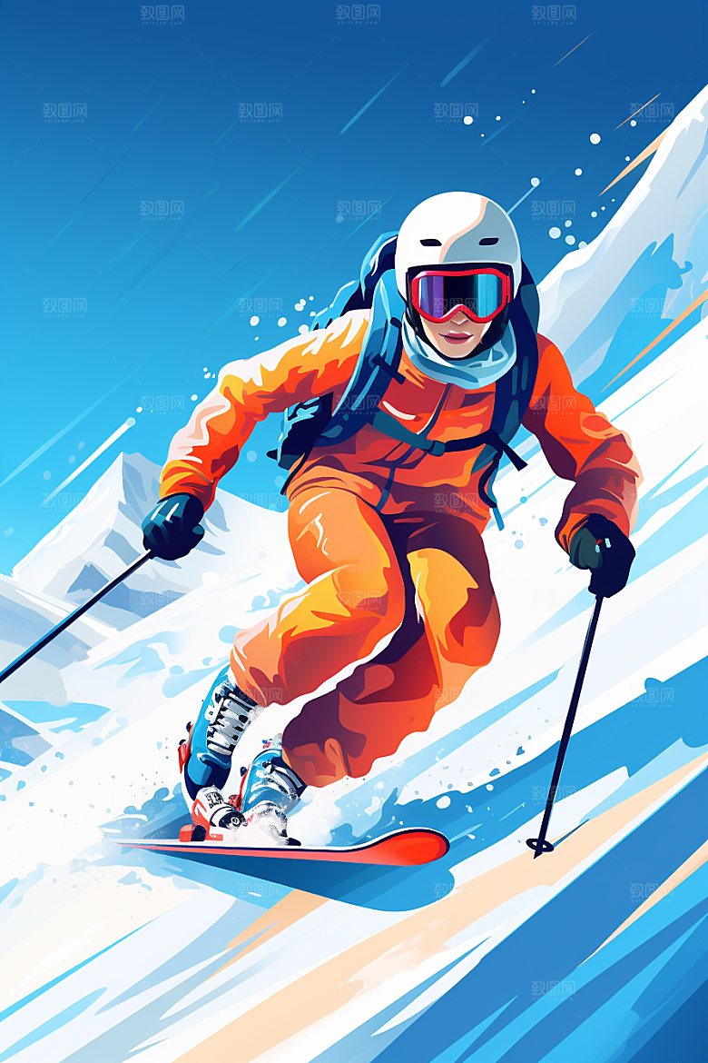 滑雪冬季彩色插画