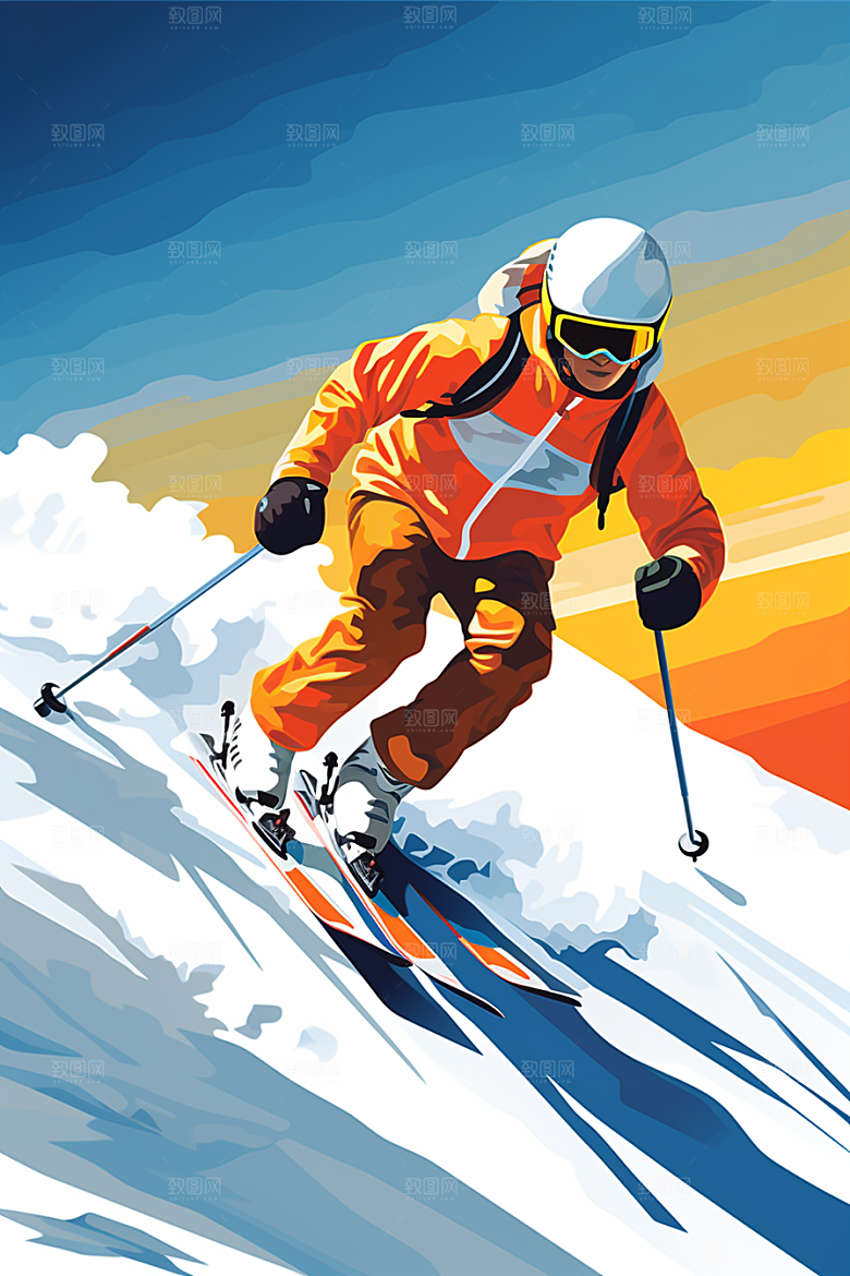 滑雪冬季健身插画