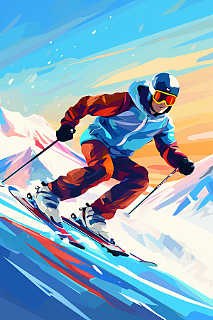 滑雪体育涂鸦风格插画