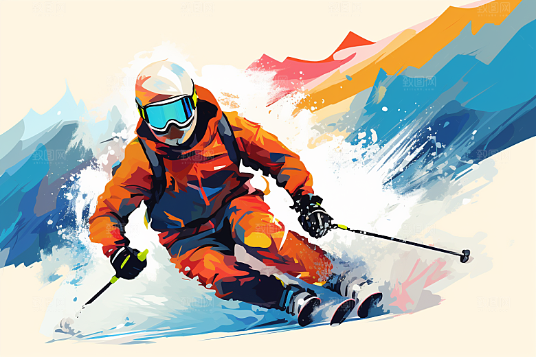 滑雪竞技手绘插画