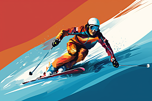 滑雪彩色手绘插画
