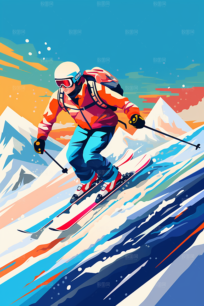 滑雪体育彩色插画