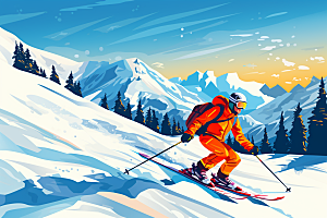 滑雪涂鸦风格冬季插画