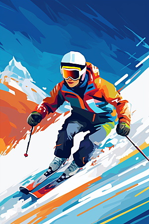 滑雪手绘涂鸦风格插画