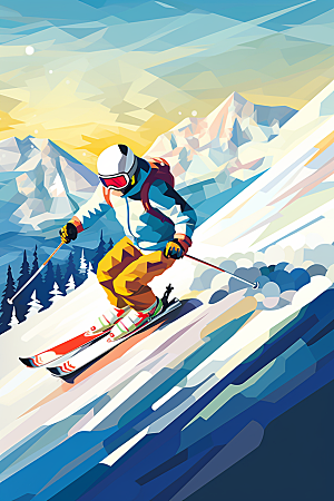 滑雪彩色体育插画