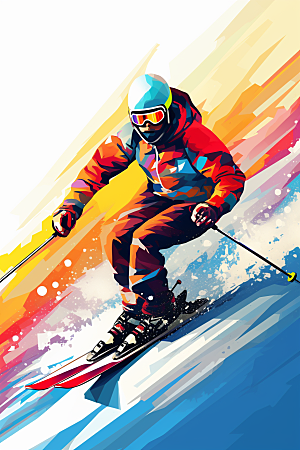 滑雪冰雪运动涂鸦风格插画