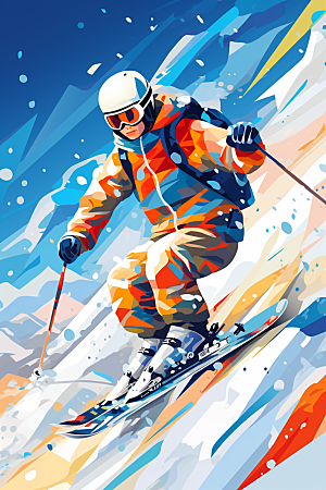 滑雪涂鸦风格手绘插画