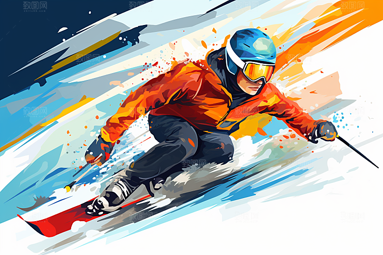 滑雪手绘竞技插画