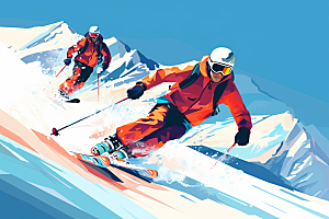 滑雪竞技彩色插画