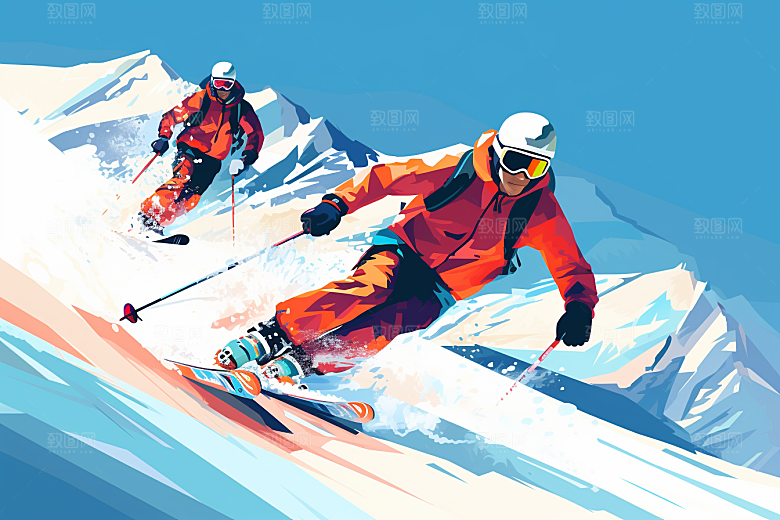 滑雪竞技彩色插画