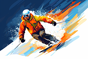 滑雪手绘竞技插画