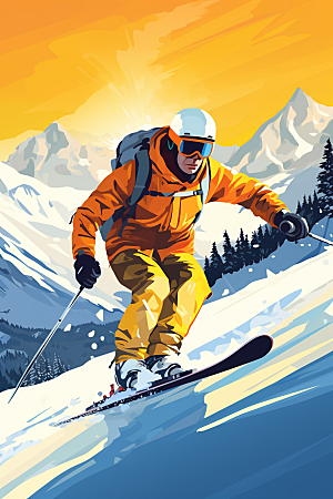 滑雪手绘运动插画