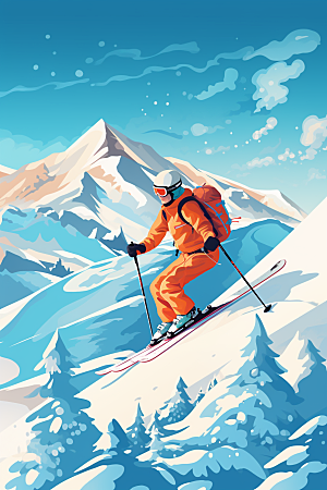 滑雪涂鸦风格运动员插画