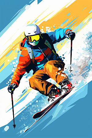 滑雪健身手绘插画