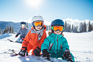 儿童滑雪体育锻炼摄影图