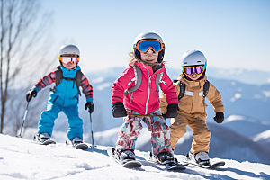 儿童滑雪冬天健康摄影图