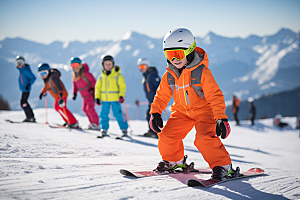 儿童滑雪冬季健康摄影图