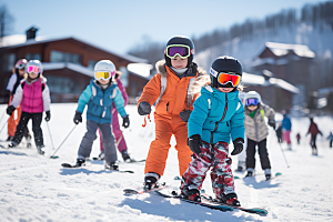 儿童滑雪冬季锻炼摄影图