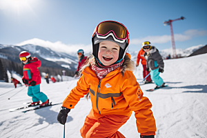 儿童滑雪锻炼冬季摄影图