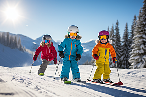 儿童滑雪锻炼可爱摄影图