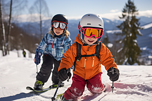 儿童滑雪锻炼冬天摄影图